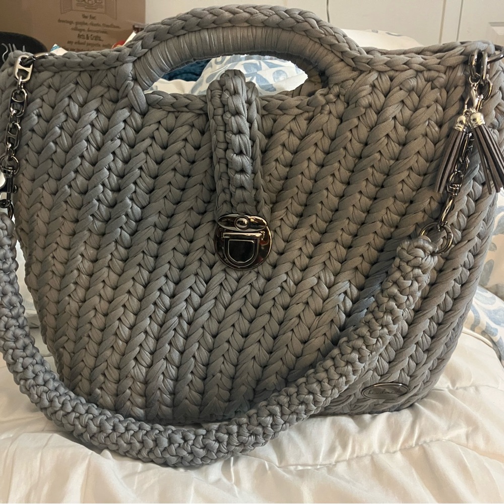 Gray Metallic Woven Shoulder Bag with Braided Strap